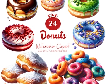 Watercolor Donuts Clipart: 24 PNG Sweet Dessert Graphics (Digital Download)