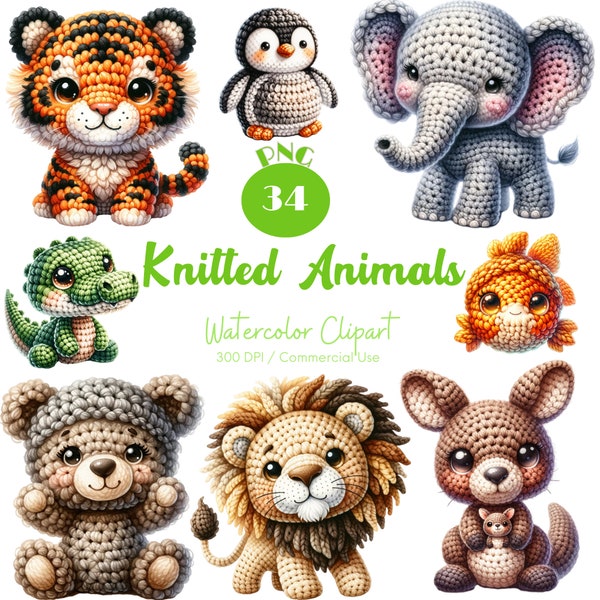 Knitted Animals Clipart 34 PNG Watercolor Cute Animals Knitted PNG Crochet Animals Crochet Cute Animals Amigurumi Clipart  Digital download