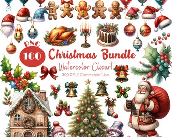 Watercolor Christmas Clipart Bundle, 100 PNG Watercolor Christmas Clipart, Ornaments Clipart, Stocking, Christmas Bundle, Commercial Use