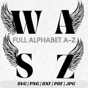 Pacote Svg de alfabeto de asa, monograma dividido SVG, clipart de alfabeto, asas de anjo Svg, Cricut Svg, uso comercial, Svg,Png,Dxf,Jpg,Pdf