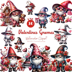 Valentines Gnomes Clipart 30 PNG Watercolor Festive Gnomes Clipart Love Gnomes Valentines Day Illustrations Fantasy Clipart Digital Download