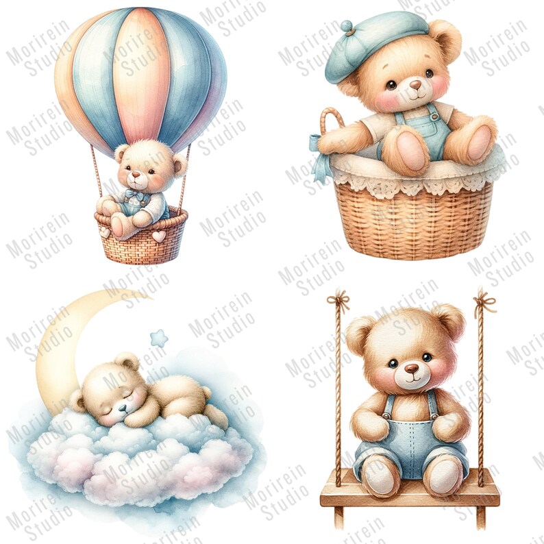 Watercolor Baby Teddy Bear Clipart: 20 PNG Nursery Art (digital ...