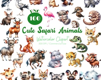 Clipart aquarel safaridieren: 100 png-kinderkunst (digitale download)