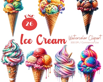 Watercolor Ice Cream Clipart: 26 PNG Dessert Illustrations (Digital Download)