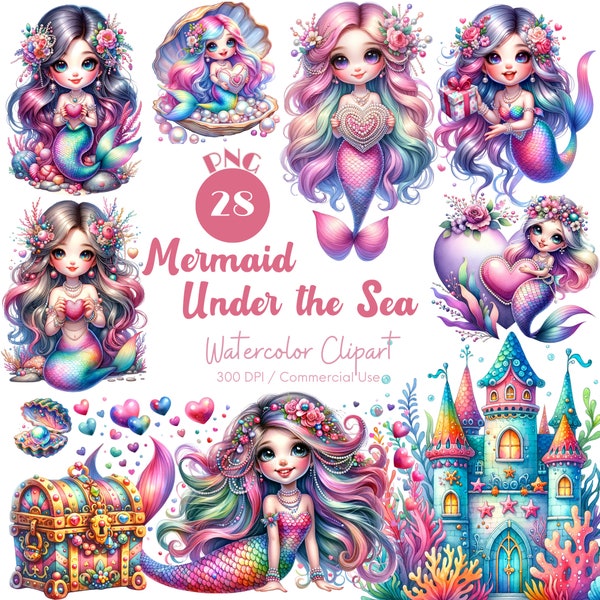 Mermaid Under The Sea Clipart 28 PNG Watercolor Cute Mermaid Sea Animals Clipart Nursery Prints Nautical Decor Fantasy Digital Download