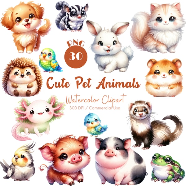 Cute Pets Clipart 30 PNG Watercolor Cute Animal Safari Animal Adorable Animal Illustrations Woodland Animal Nursery Art Digital Download