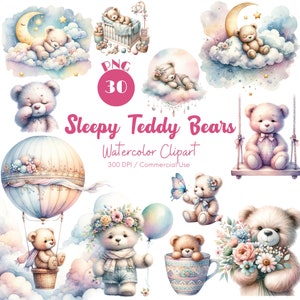 Teddy Bears Clipart 30 PNG Watercolor Cute Teddy Bear Sleepy Teddy Bear Boho Clipart Cute Bear Illustrations Nursery Decor Digital Download