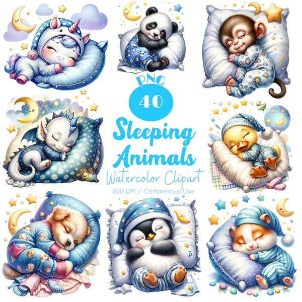 Sleeping Animals Clipart 40 PNG Watercolor Cute Sleeping Animals PNG Sleepy Pillow Animal Dreamy Animal Clipart Baby Shower Digital download