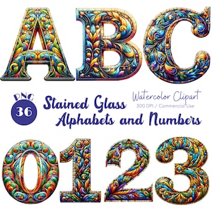 Stained Glass Alphabet and Number Clipart 36 PNG Inspired Letter and Digit Stained Glass Clipart Alphabet PNG Unique Glass Digital Download
