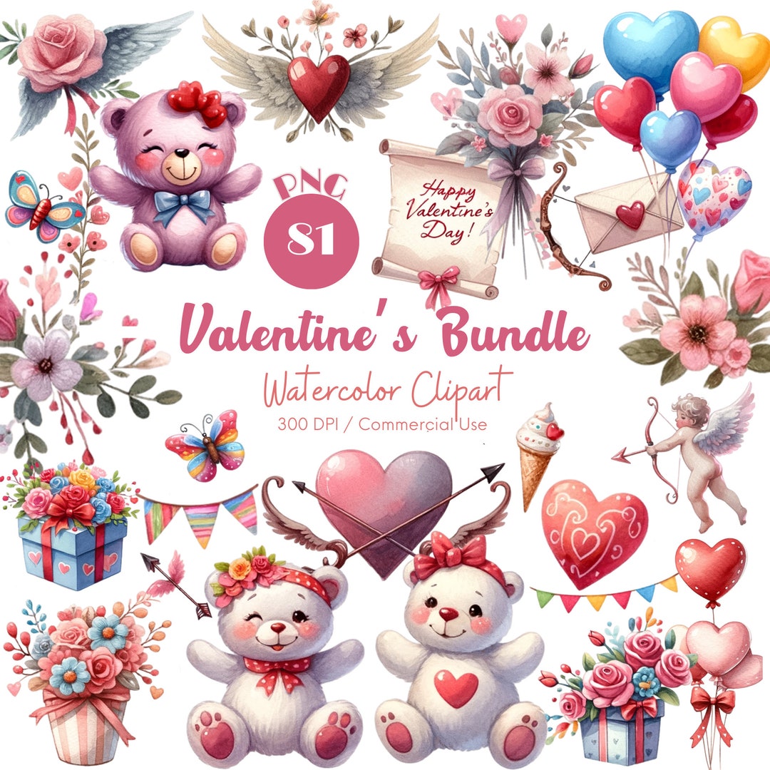 Sweet Valentine Clipart Bundle, 81 PNG Watercolor Valentines Day ...