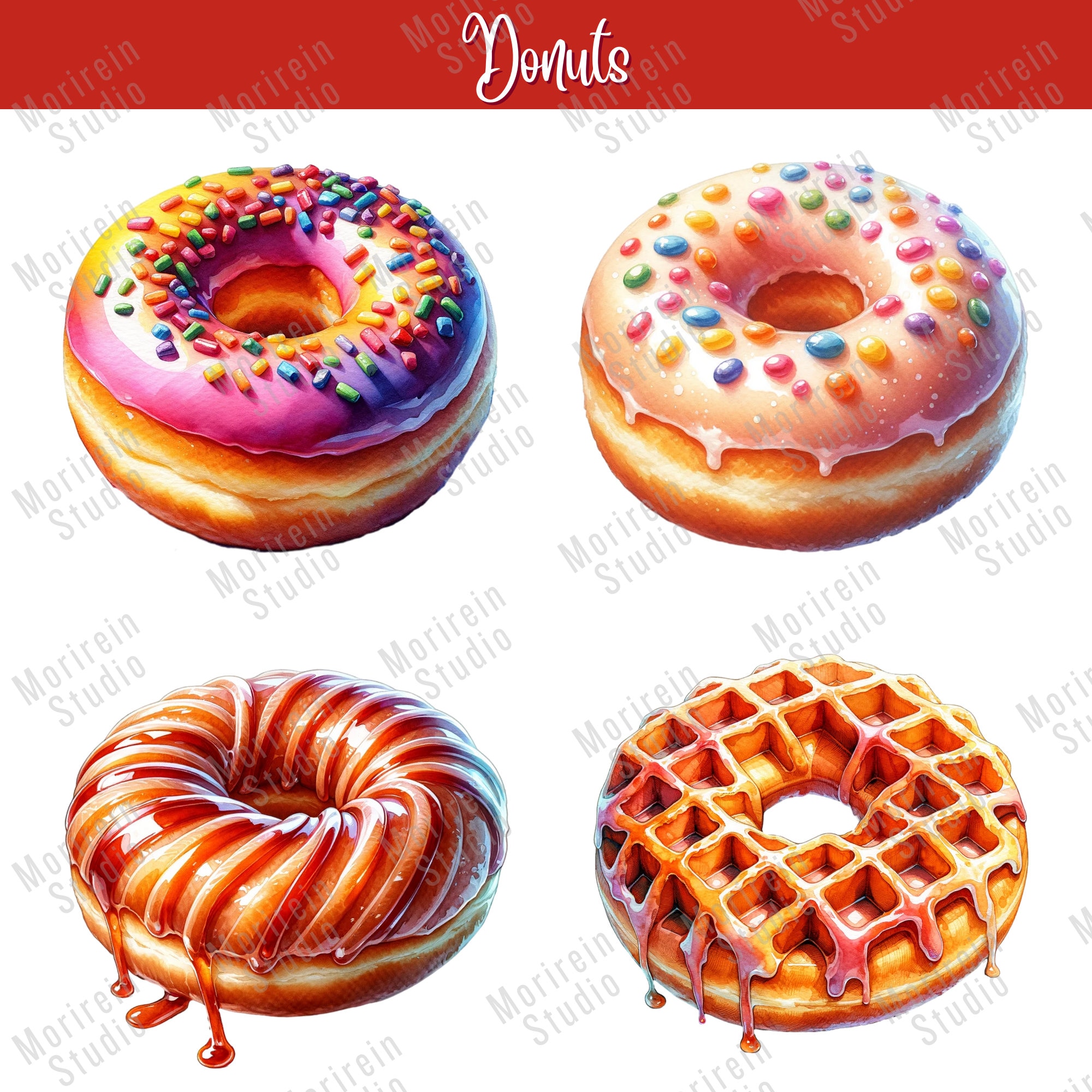 Watercolor Donuts Clipart: 24 PNG Sweet Dessert Graphics (digital ...