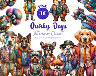 Clipart aquarelle chiens originaux : 30 PNG, art animalier fantaisiste (téléchargement numérique)