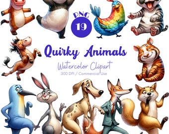 Clipart aquarelle animaux originaux : 19 PNG (téléchargement numérique)