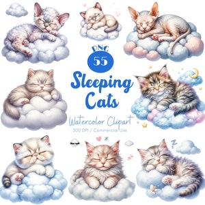 Sleeping Cats Clipart 55 PNG Watercolor Cute Sleeping Cats On Cloud PNG Sleepy Cloud Cats Dreamy Cute Animal Clipart Digital download