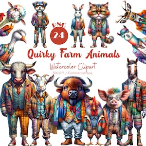 Animaux de la ferme originaux Clipart 24 PNG aquarelle animaux de la ferme lunatiques Art lunatique Décor lunatique Funny animal Animal mignon en téléchargement numérique