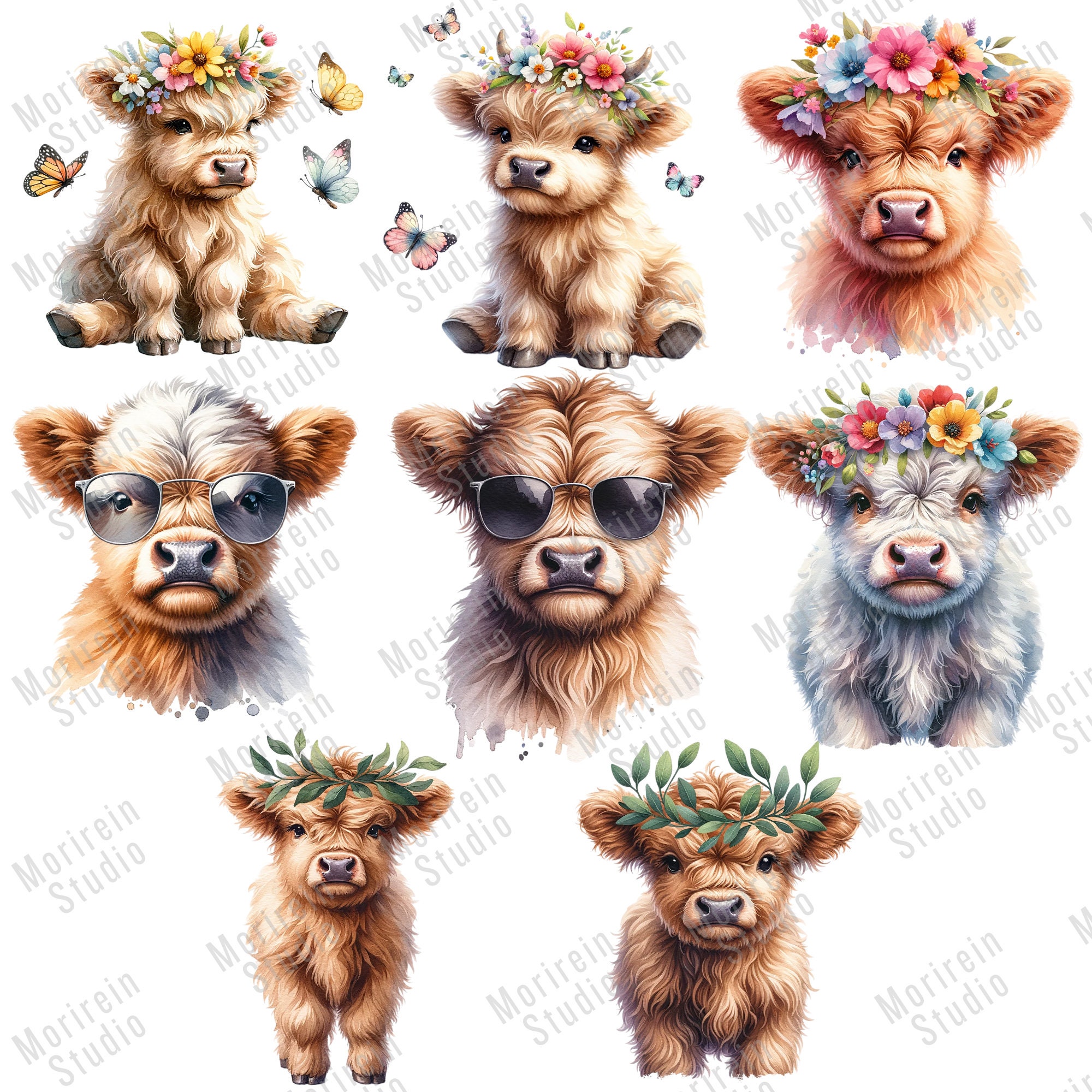 Baby Highland Cow Watercolor Clipart: 47 PNG Nursery Art (digital ...