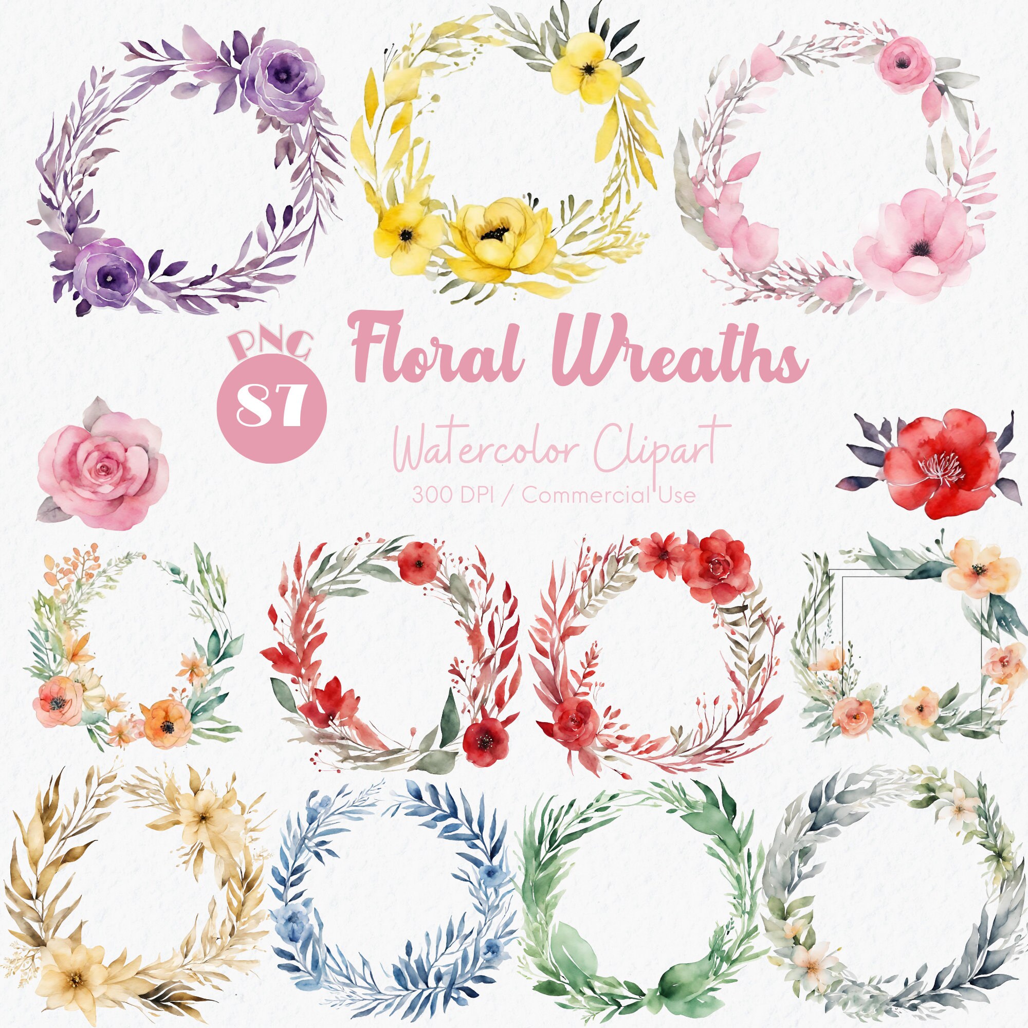 Watercolor Floral Wreath Clipart: 87 PNG Flower Illustrations (digital ...