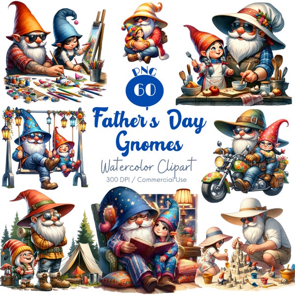 Father's Day Gnomes Clipart 60 PNG Watercolor Daddy and Daughter Gnome Father Gnome Fathers day PNG Daddy Cute Gnome PNG Digital Download