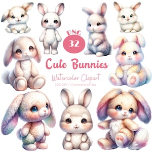Cute Bunny Clipart 32 PNG Watercolor Cute Bunnies Clipart Baby Bunny Cute Bunnies PNG Cute Rabbit Baby Shower Nursery Art Digital Download