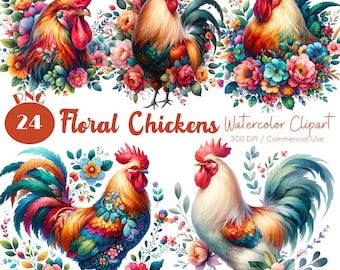 Floral Chicken Clipart: 24 PNG Watercolor Rooster PNG Set (Digital Download)