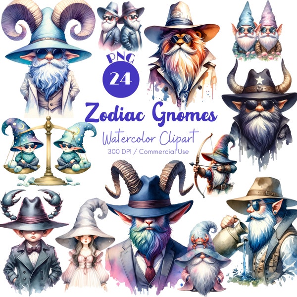 Zodiac Gnomes Clipart 24 PNG Watercolor Whimsical Gnome Clipart Astrology Art Gnome Zodiac Printables Astrological Decor Digital Download