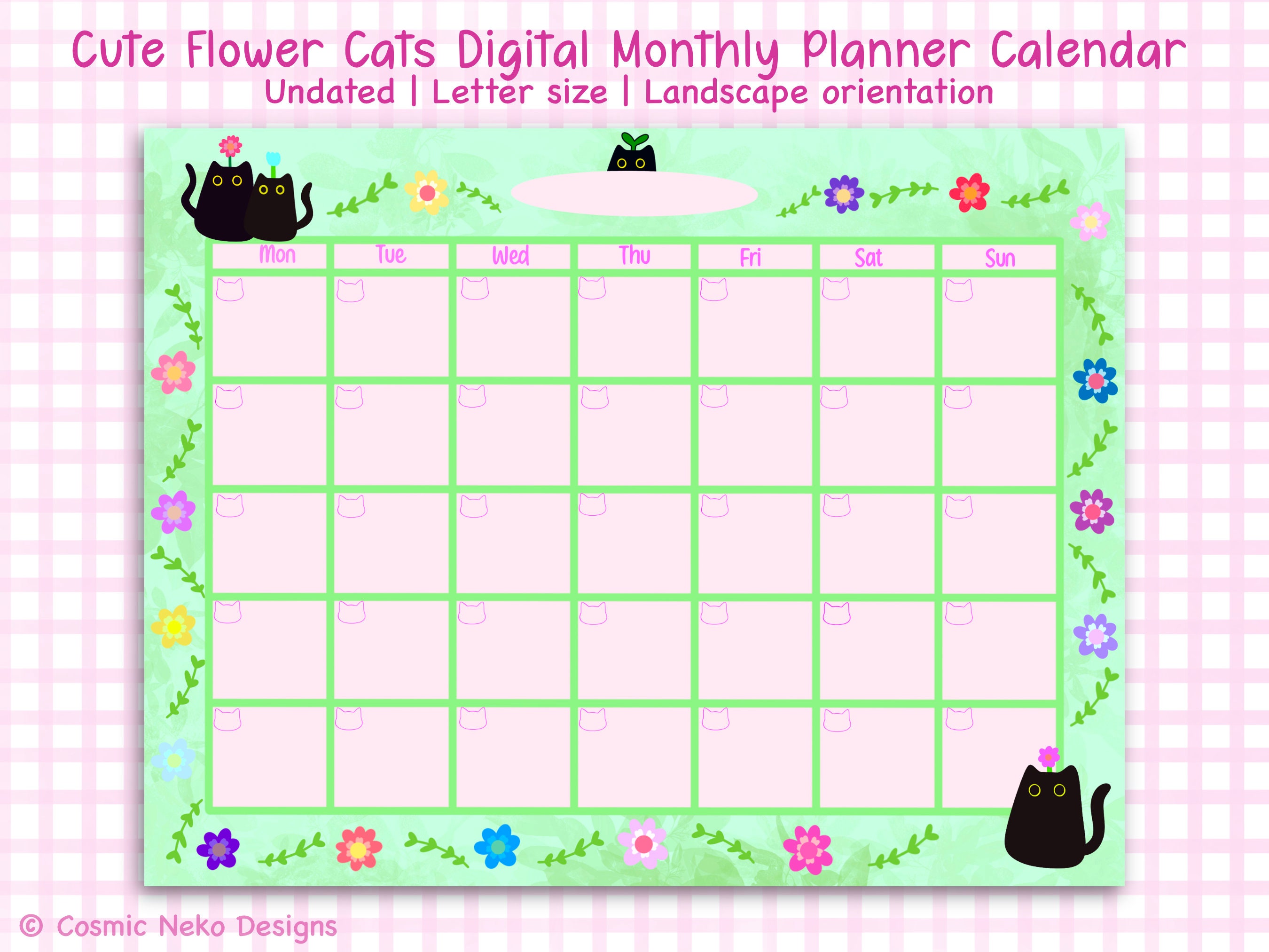 Cute Flower and Plants Cats Digital Calendar | Pastel Printable Monthly ...