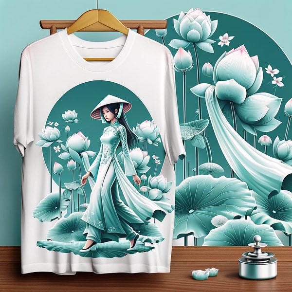 Elegant Vietnamese Ao Dai with Traditional Hat and Lotus Accessories