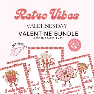 Paquete de tarjetas retro para el día de San Valentín: tarjetas de San Valentín para niños editables e imprimibles con diseños con temas de comida. Tarjetas de regalo de fiesta editables de Canva.
