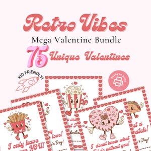 Mega paquete de tarjetas retro para el día de San Valentín: tarjetas de San Valentín para niños editables e imprimibles con diseños con temas de comida: 75 tarjetas de regalo de fiesta editables en Canva