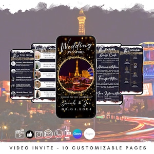 Plantilla editable de invitación de video para boda, itinerario de boda de destino, invitación digital a Las Vegas con RSVP, páginas para la comitiva nupcial y el horario.