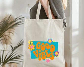Cotton Canvas Tote Bag with Good Vibes Design - Natural Color - Shopping Bag