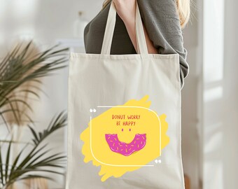 Cotton Canvas Tote Bag with Funny Donut Design - Natural Color - Shopping Bag