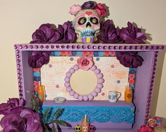 Dia de Muertos Wooden Altar Nicho, Sugar Skull Ofrenda, Miniature Display