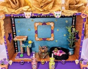 Purple & Gold Wooden Cat Altar - Dia de Muertos Ofrenda
