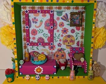 Day of the Dead Wooden Altar, Ofrenda Nicho, Calavera Decor