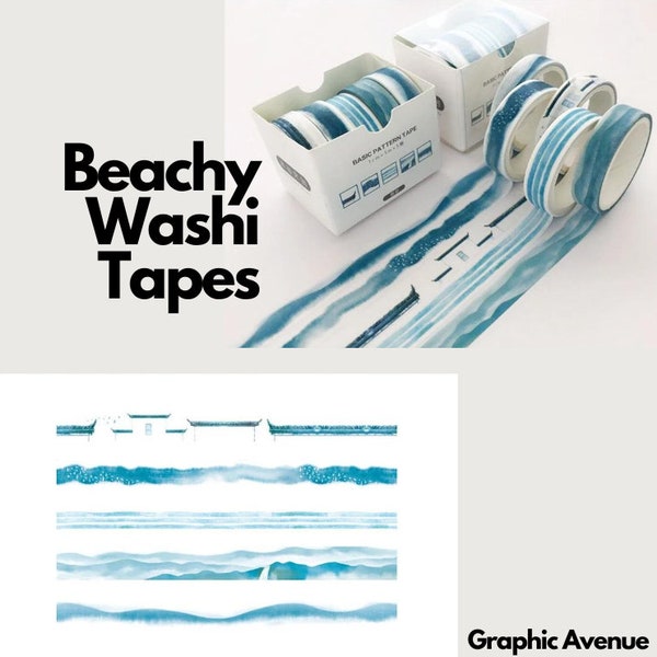 Beach-Themed Washi Tape Set - Ocean Waves & Sandy Shores Design - Blue and White Scrapbooking Supplies
