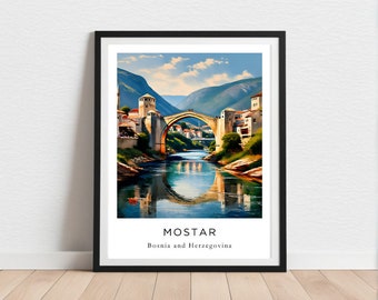 Mostar Sunset Art Print: Old Bridge Reflections, Bosnian Architecture, and Tranquil Beauty | Polaroid-Style Travel Decor