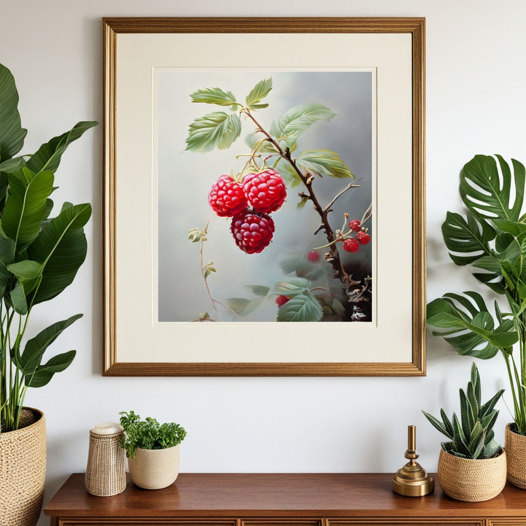 Vintage Botanical Raspberry Art Print: Fruit Painting Berry Artwork ...