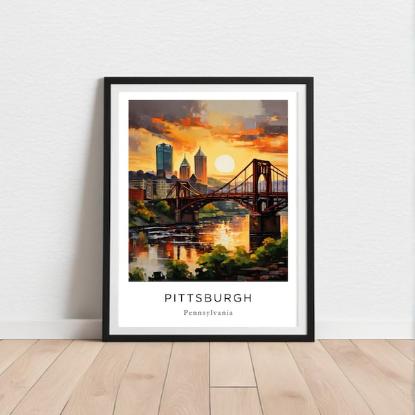 Pittsburgh Skyline Sunset Polaroid-Style Art Print: Urban Decor for Home and Travel Enthusiasts