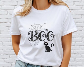 Halloween t shirt,Cute Boo Cat Halloween Shirt ,Spooky Spider Web Tee for Women & Men