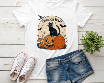 Halloween Black Cat Pumpkin Shirt ,Trick or Treat Vintage Graphic Tee, Spooky Halloween T-Shirt