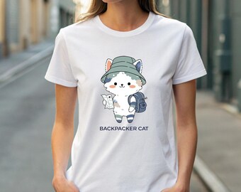 Backpacker Cat T-Shirt, Minimalist Traveler Cat Graphic Tee, Adventure Lover Shirt