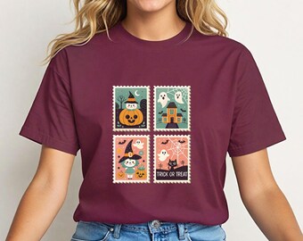 Kawaii Halloween T-Shirt, Ghost Cat Witch Pumpkin Stamp Tee