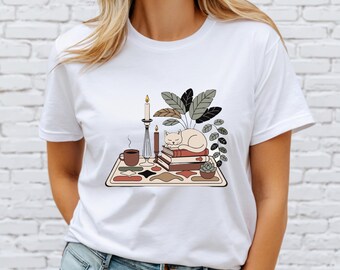 Cozy Cat Reading T-Shirt, Book Lover Coffee Graphic Tee
