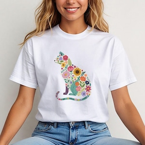 Floral Cat T-Shirt, Cute Kitten Graphic Tee, Floral Feline Shirt, Pet Lover Gift, Animal Print Top
