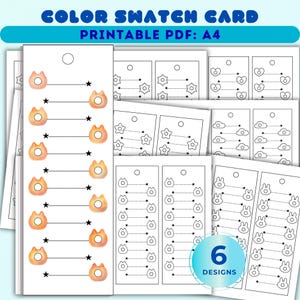 May include: A printable A4 color swatch card set featuring six distinct designs. Each card includes a top hole for hanging and rows of icons connected by dotted lines to stars. The icons include cat heads, flowers, hearts, clouds, and rabbit heads.