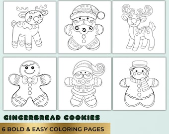 May include: Six black and white line drawings of gingerbread cookies in various Christmas shapes, including reindeer, Santa Claus, and a snowman. The text "GINGERBREAD COOKIES" and "6 BOLD & EASY COLORING PAGES PDF + PNG DOWNLOAD" are at the bottom.