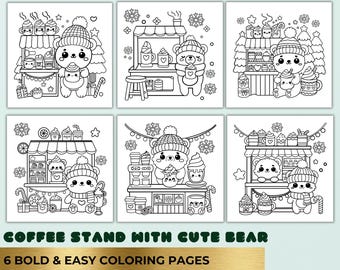Páginas para colorear acogedoras, lindas páginas para colorear de cafeterías, libro para colorear de animales kawaii, PDF PNG fácil de imprimir con diseños llamativos