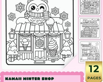 Winter Coloring Book Pages, Cozy Animal Shop Coloring Pages, Kawaii Coloring Book, Bold Easy Printable PDF PNG