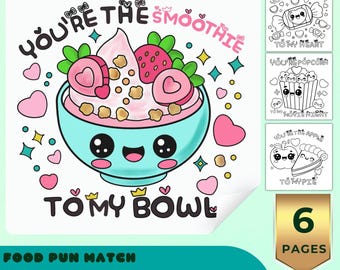 Dibujos para colorear con juegos de palabras sobre comida, lindos dibujos para colorear de San Valentín para imprimir, láminas para colorear de amor kawaii para niños y adultos.